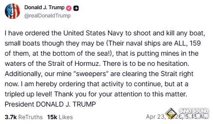 “任何船隻都不能進出”！特朗普下令美軍“擊沉佈雷船” 油價重返100美元上方